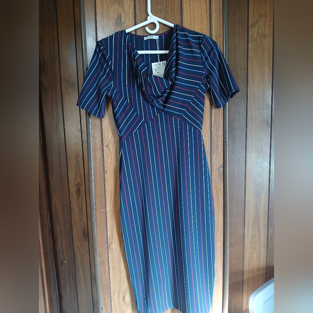 Zara Women Basic Collection Striped Navy Dress